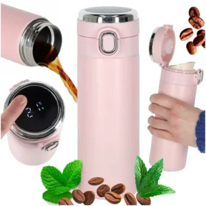 Terminis puodelis su snapeliu ir LED temperatūros jutikliu 350ml rožinis