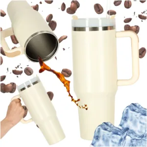Terminis puodelis su šiaudeliu ir rankena 1200ml, kreminis