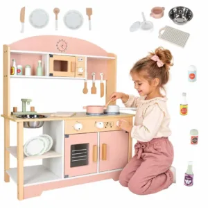 Medinė vaikų virtuvėlė MDF MODERN CLASSIC su priedais, 82 cm, rožinė