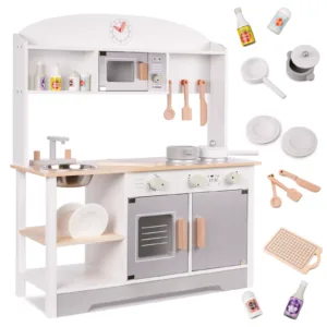 Medinė vaikiška virtuvėlė MODERN CLASSIC MDF su priedais, 82 cm, pilka