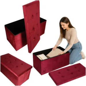Bordo spalvos veliūrinė sulankstoma pufa su daiktadėže 77x38x37 cm